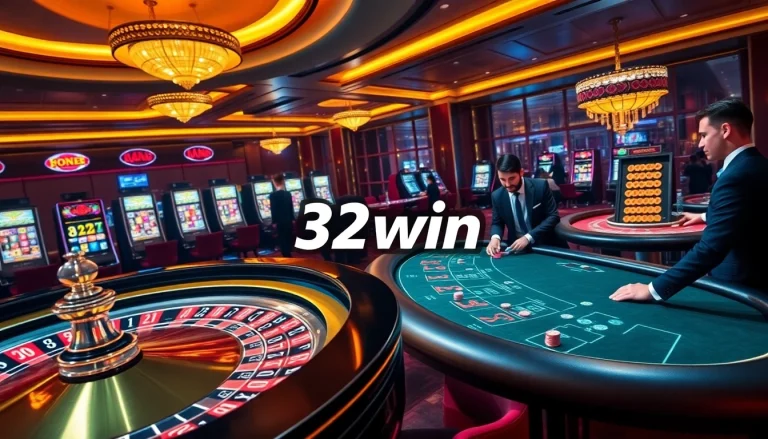 Engaged players enjoying high-stakes games at 32win casino, surrounded by exciting slot machines and poker tables.