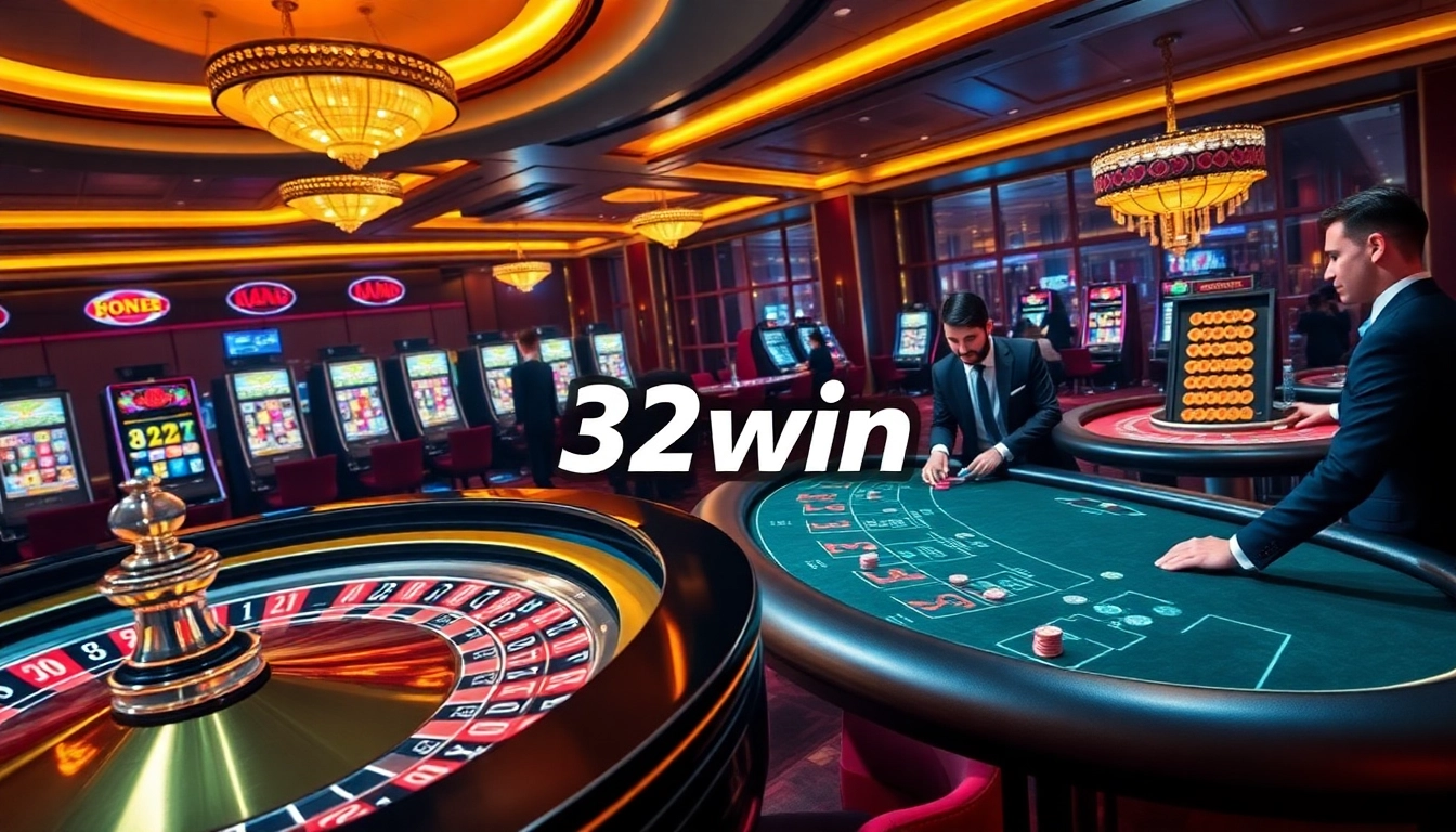 Engaged players enjoying high-stakes games at 32win casino, surrounded by exciting slot machines and poker tables.