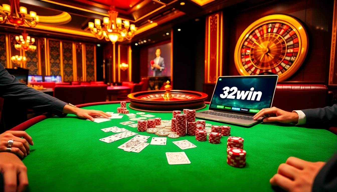 Players engaging at a lively poker table in a luxurious casino, highlighting the 32win online interface.