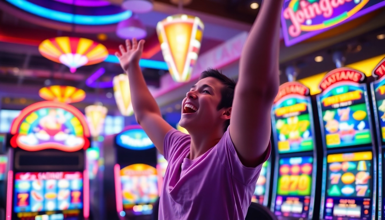 Mendapatkan kemenangan besar di slot maxwin dengan suasana kasino yang meriah dan penuh warna.