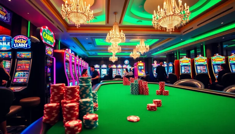 Thrilling gameplay on luxurious 슬롯사이트 with vibrant slot machines and poker chips.