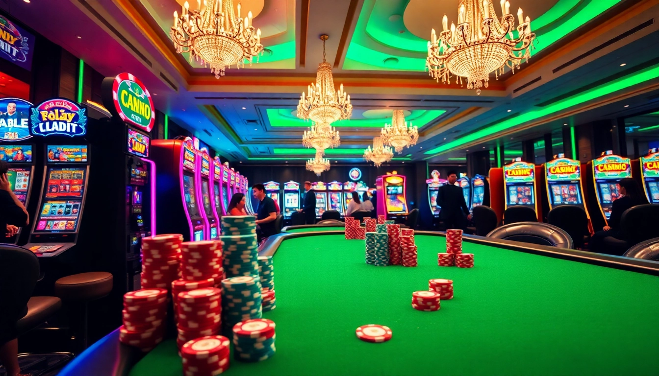 Thrilling gameplay on luxurious 슬롯사이트 with vibrant slot machines and poker chips.