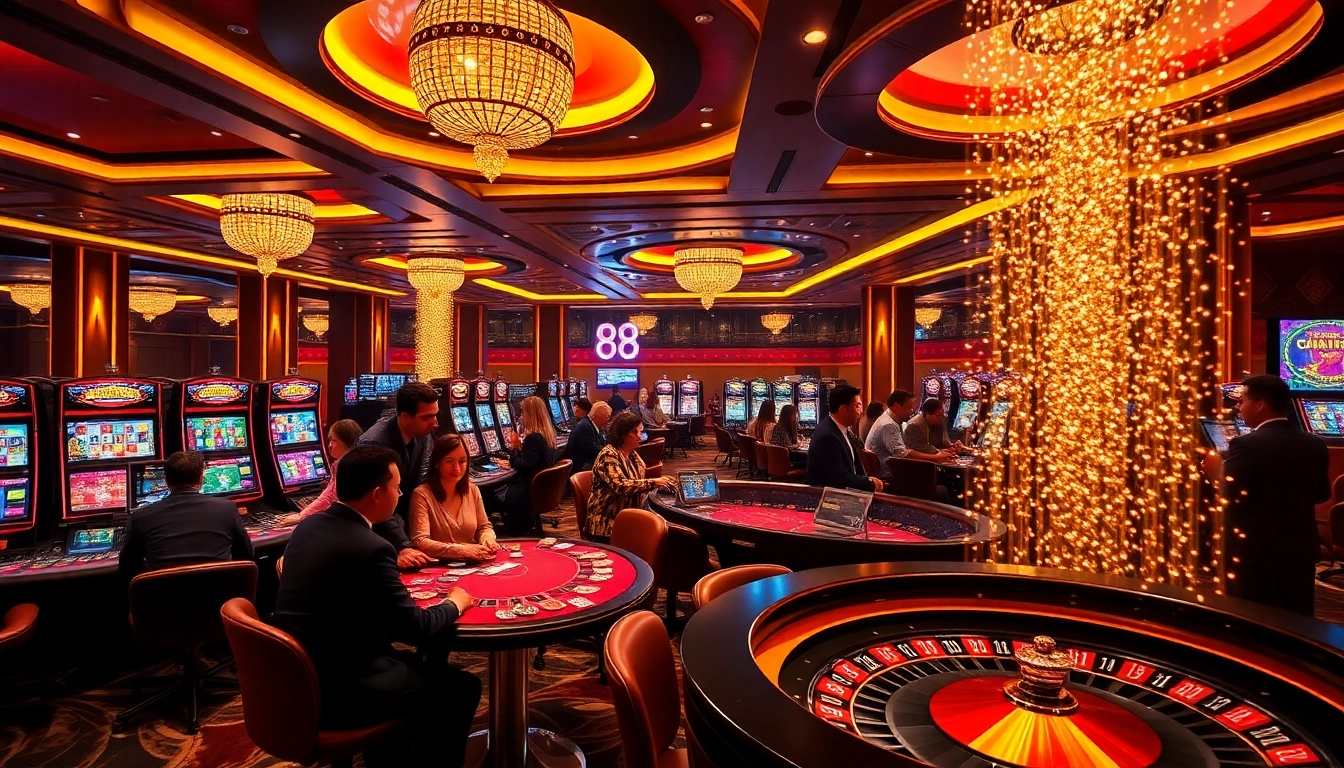 Excited players enjoying games at 888 new casino, surrounded by vibrant slots and tables.
