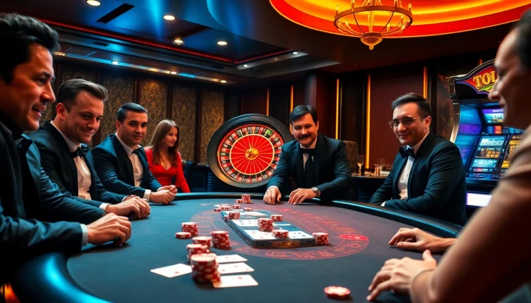 Poker players strategizing at a table with vibrant, luxurious elements of c168com.vip casino experience.