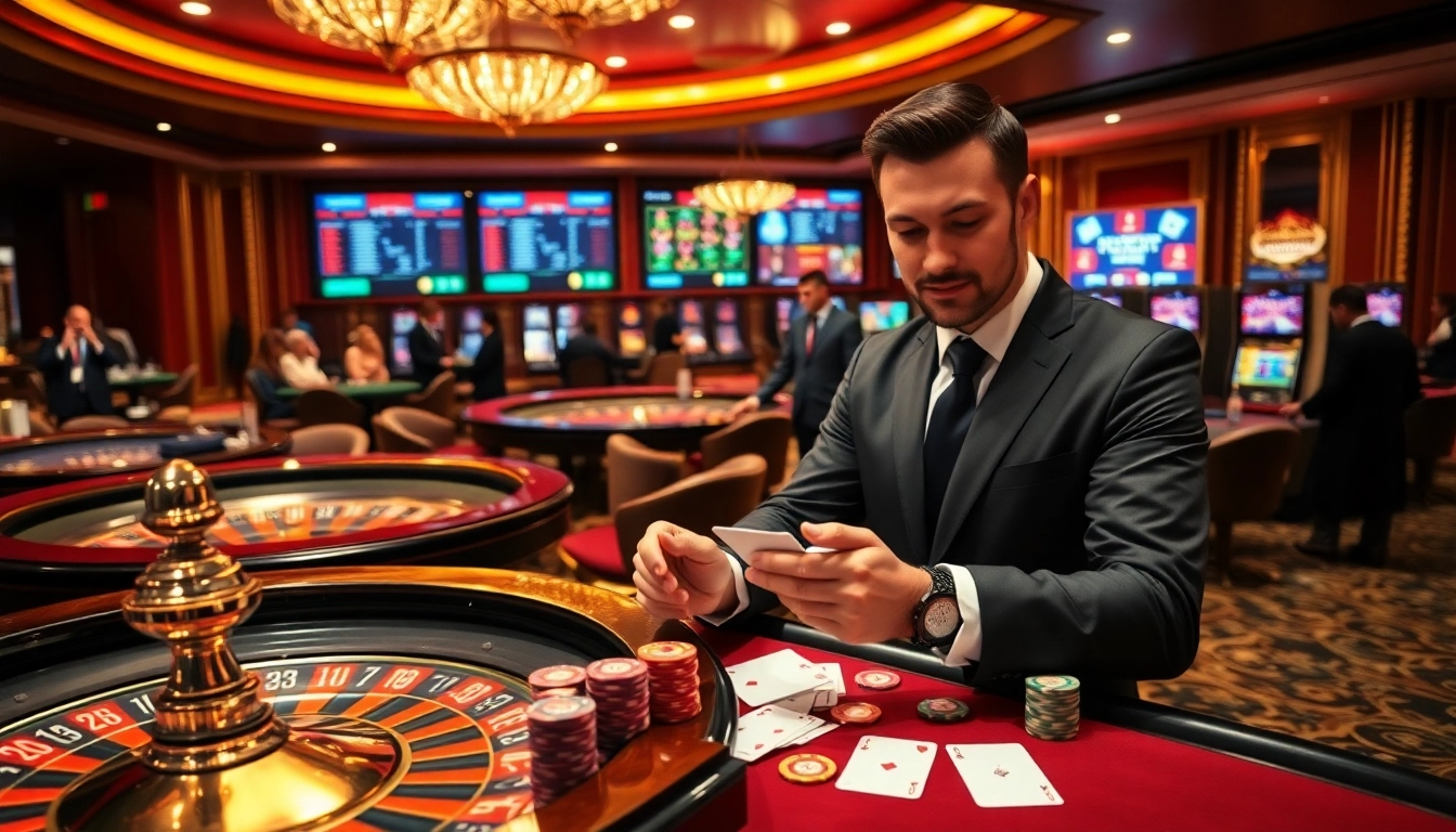 Engaged gamblers at 32win Casino enjoying poker and roulette games.