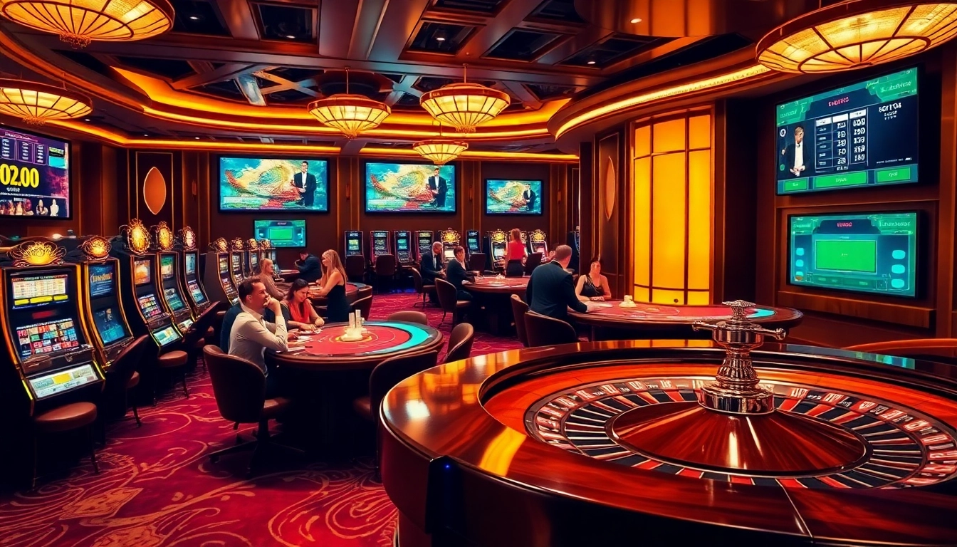 KJC casino scene featuring exciting gaming floor with poker tables, slot machines, and luxury ambiance.