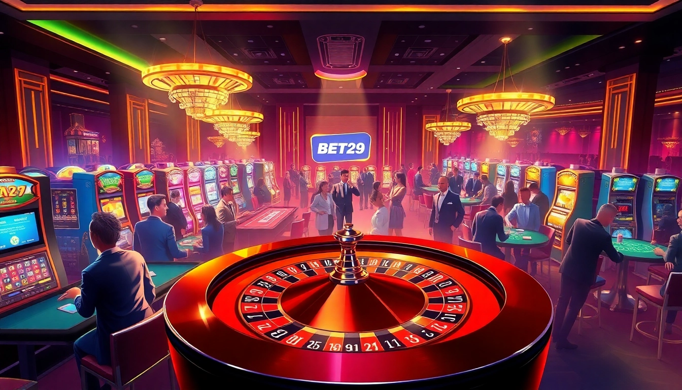 Experience the excitement of BET29 at a luxury casino with vibrant tables and roulette wheels.