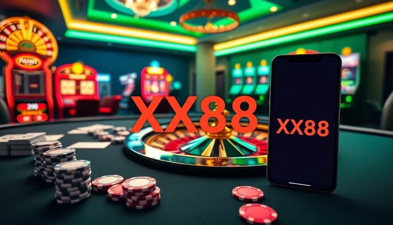 Experience the excitement of XX88 with poker chips and a roulette wheel in a luxurious casino setting.