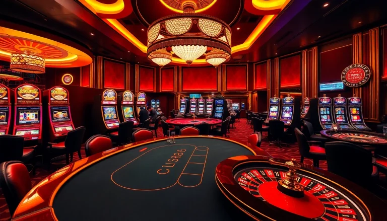 Players engaging with poker chips at BJ 888's high-stakes casino table amidst vibrant slot machines.