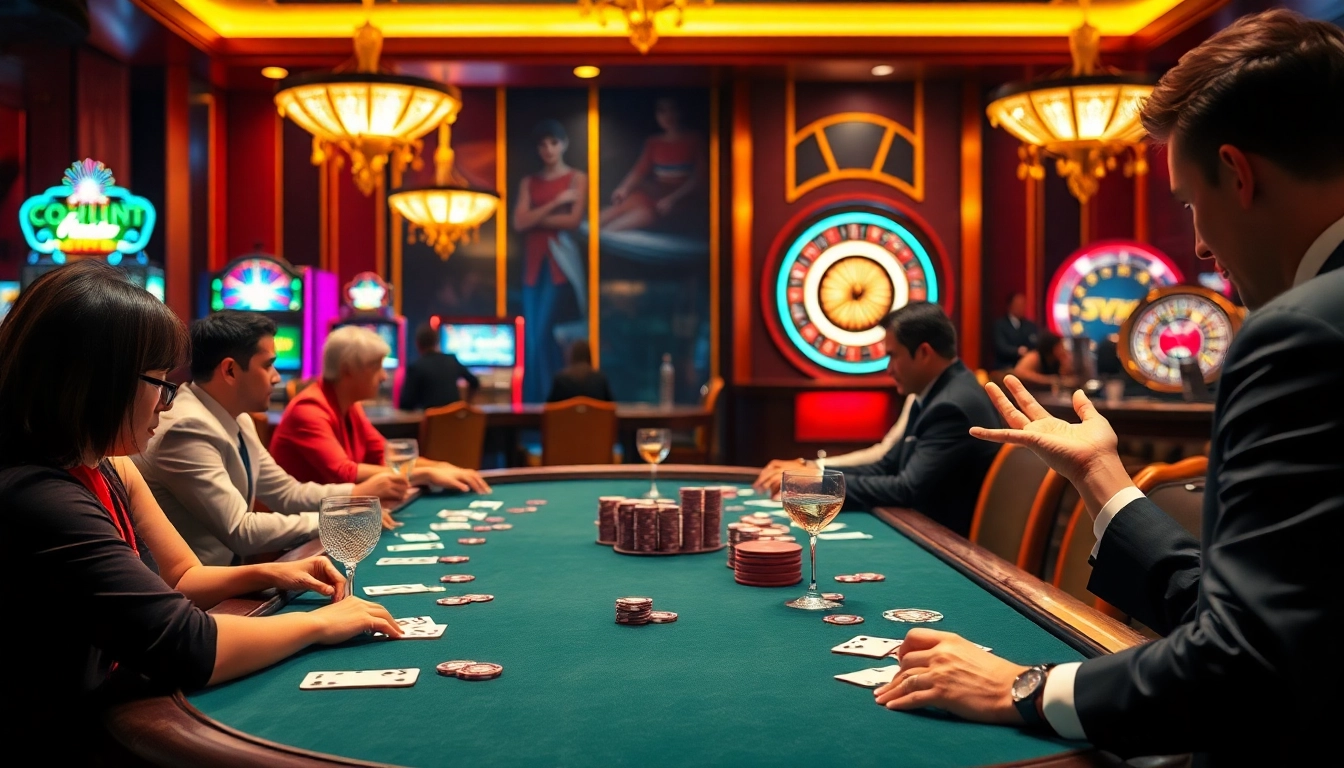 Rasakan kegembiraan Birutoto di meja kasino yang penuh warna dikelilingi pemain yang antusias dan mesin slot yang cerah.