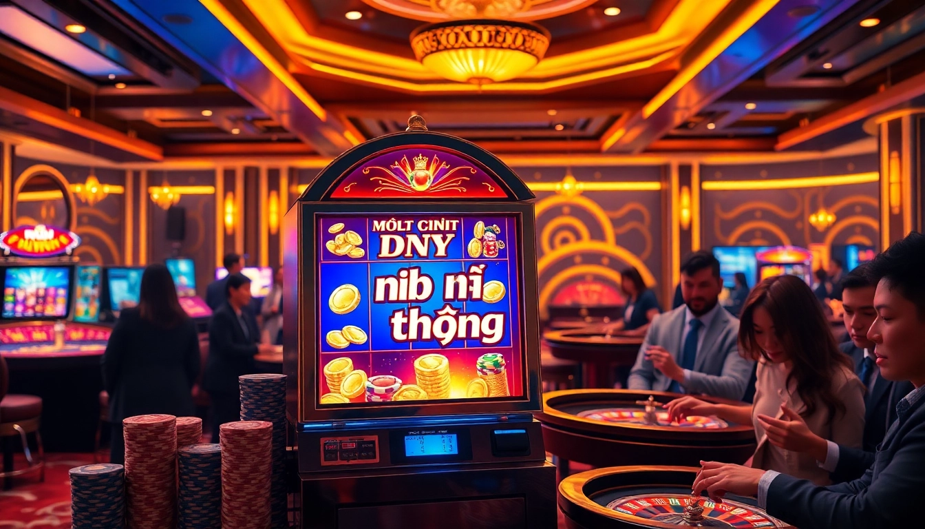 Exciting scene of nổ hũ đổi thưởng with vibrant slot machine, poker chips, and roulette wheel in luxury casino.