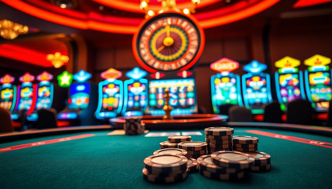 Experience thrilling gameplay at xx88 with poker chips and a glowing roulette wheel.