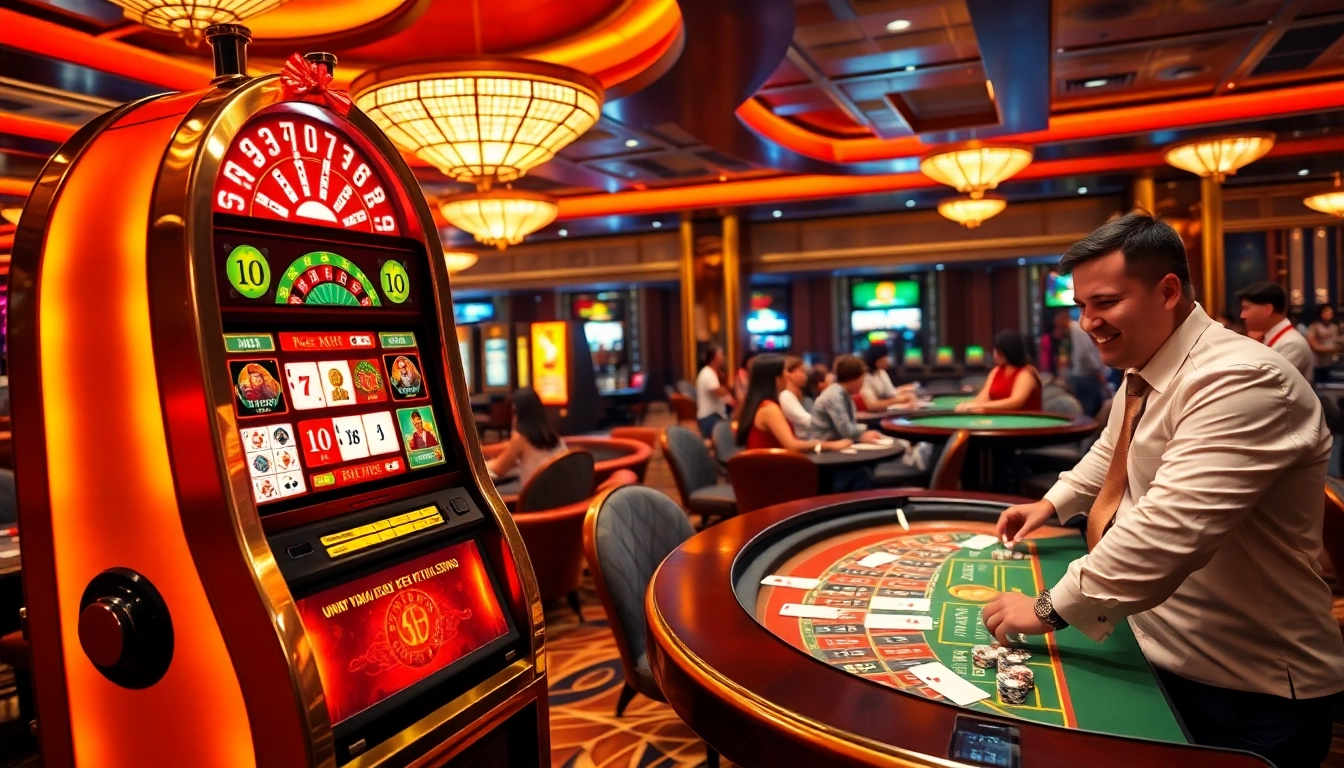 MM88 casino scene showcasing players engaged in lively games with poker chips and slots.