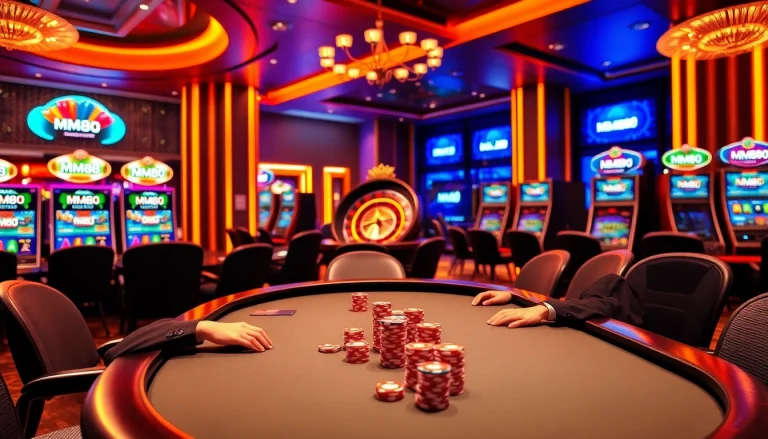 MM88 online casino experience with players at poker table and roulette wheel.
