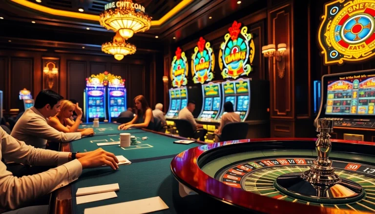 KJC gaming experience with lively poker games, slot machines, and vibrant casino atmosphere.