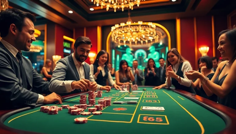 Players enjoying the excitement of poker at https://new88bet.us/, featuring vibrant chips and a roulette wheel.
