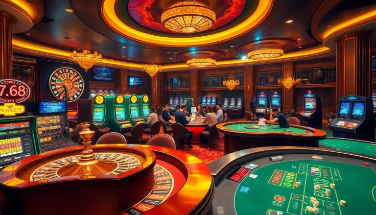 Exciting gaming action at 789bet casino with players at a roulette table and poker cards.