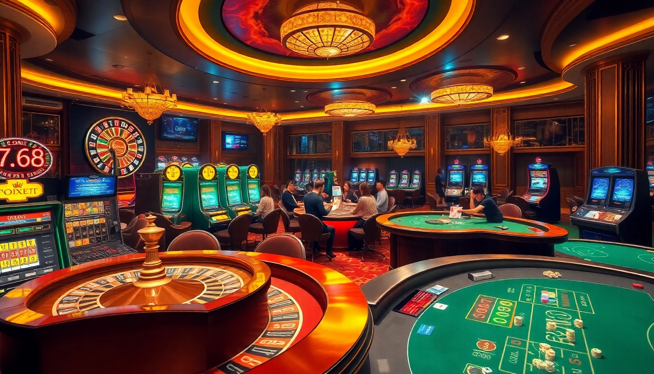 Exciting gaming action at 789bet casino with players at a roulette table and poker cards.