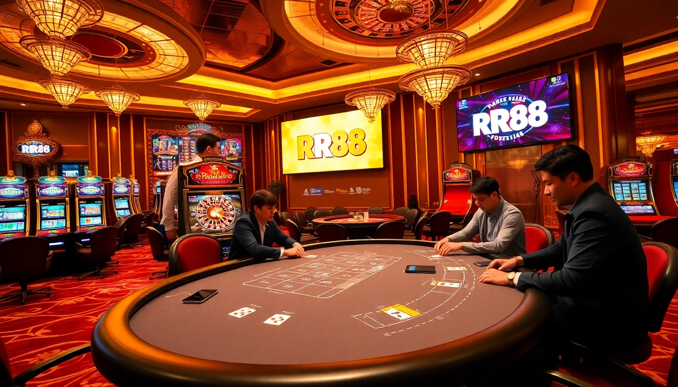 Players enjoy high-stakes gaming at RR88 casino, with vibrant tables and exciting ambiance.
