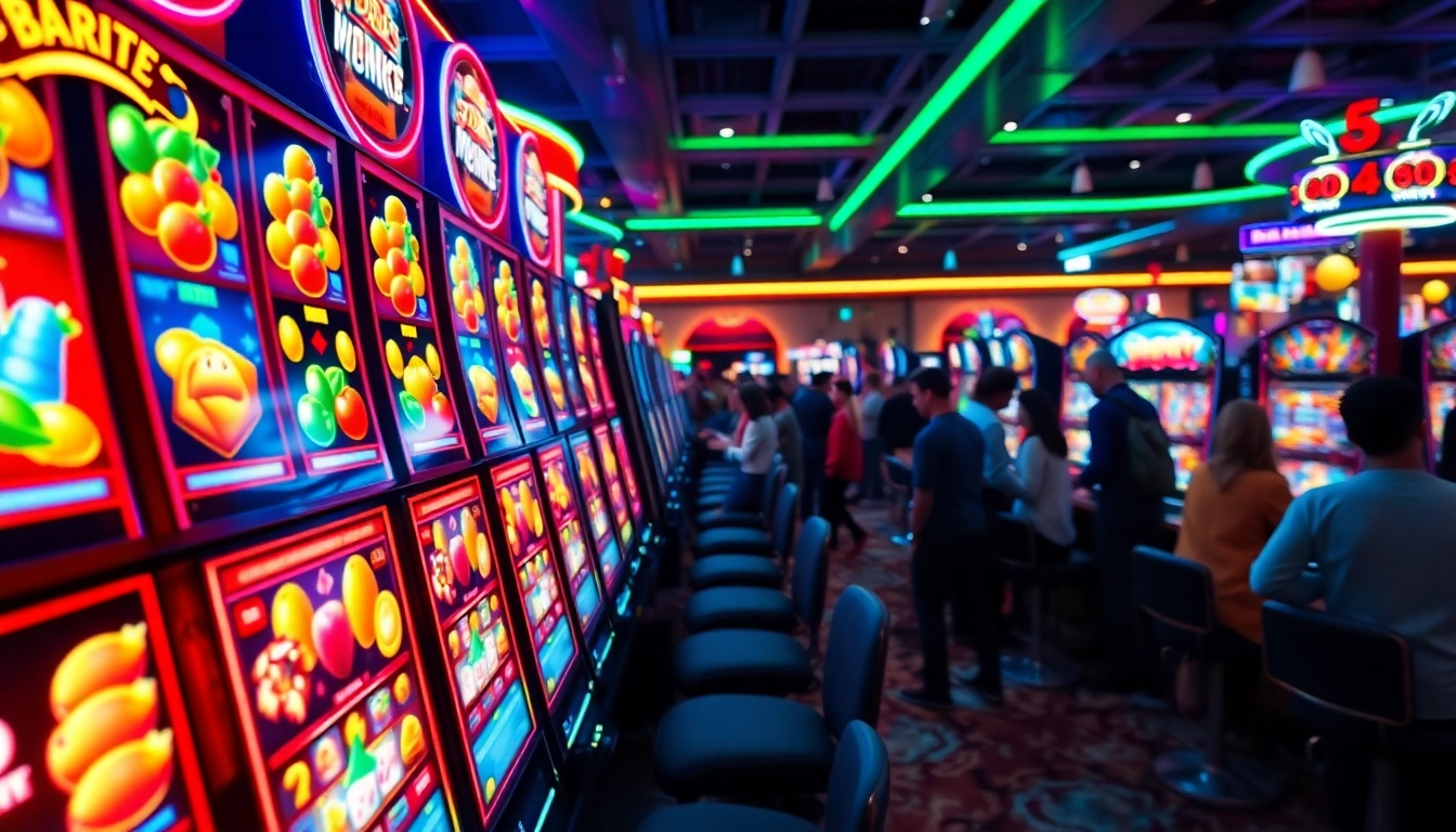 Permainan slot gacor yang menarik dengan mesin berwarna cerah dan kerumunan pemain yang excited.