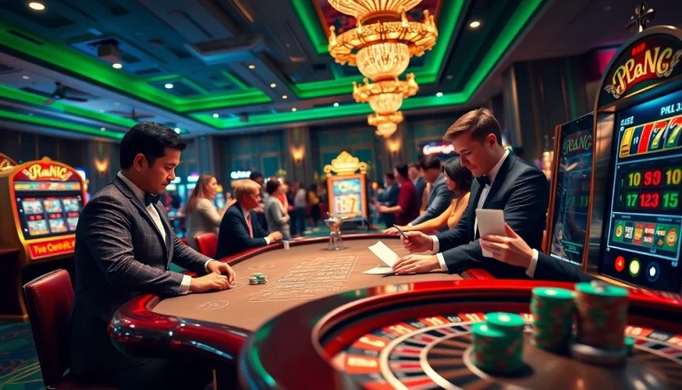 Players enjoying baccarat at a nhà cái bet88 inspired casino, with vibrant tables and colorful chips.