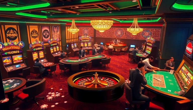 Players enjoying thriving casino action at https://mm88.nl/, emphasizing excitement with slot machines and tables.