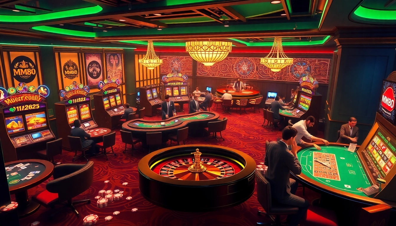 Players enjoying thriving casino action at https://mm88.nl/, emphasizing excitement with slot machines and tables.