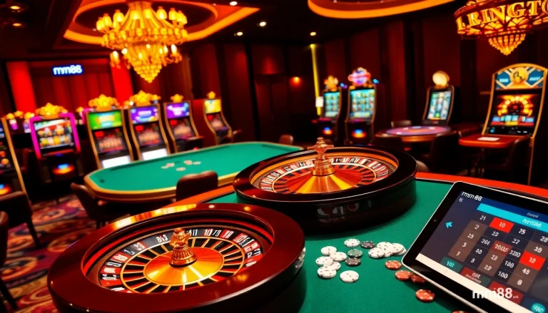 Experience mm88 excitement at a vibrant casino with roulette wheels and poker tables.