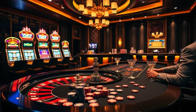 Experience Vmax excitement at a luxurious casino with roulette, poker, and vibrant slot machines.