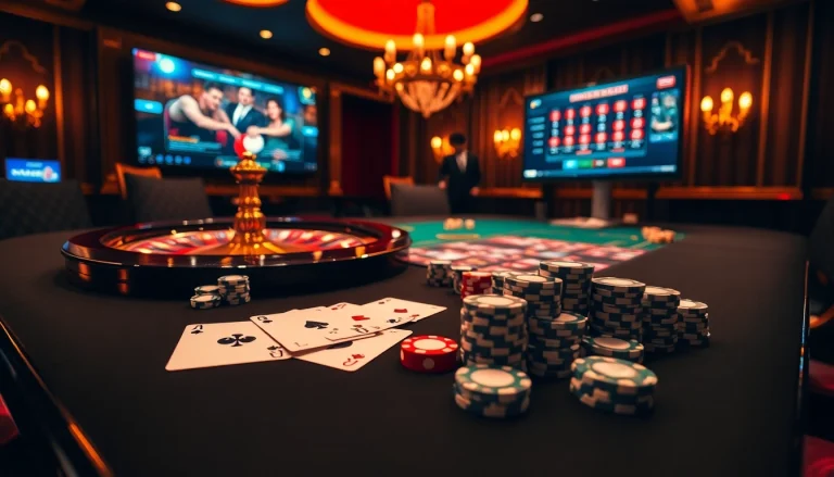 KJC branding at a luxurious casino table with vibrant cards and chips during an exciting game.