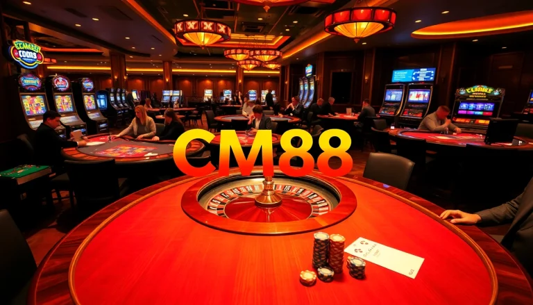 Experience the excitement of CM88 with vibrant casino games, poker chips, and roulette in action.