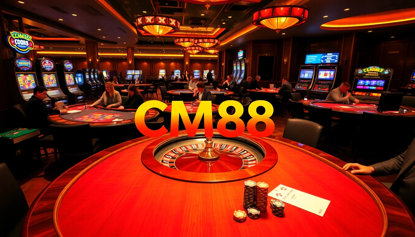 Experience the excitement of CM88 with vibrant casino games, poker chips, and roulette in action.