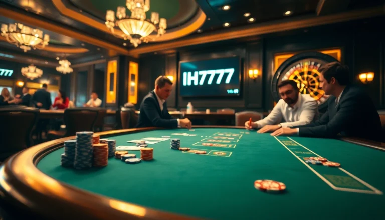 Watch thrilling IH777 poker games with colorful chips and engaging players in a luxurious casino setting.