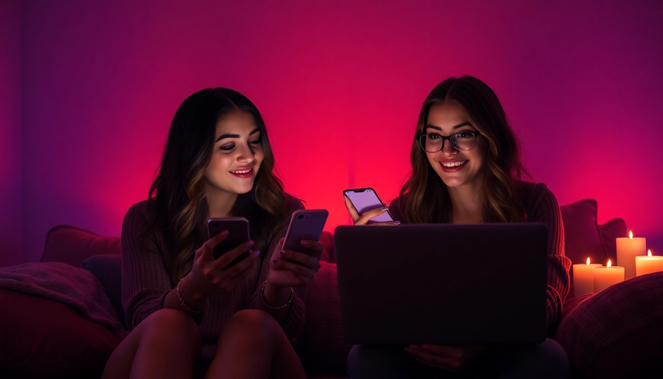 Engaging scene of two people enjoying a sex chat in an intimate setting, with warm lighting and modern devices.