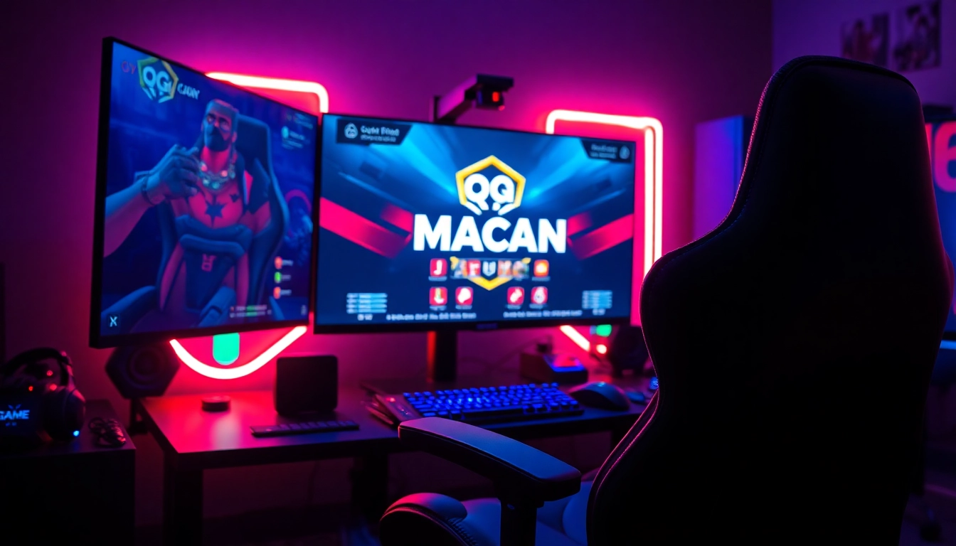 Menggambarkan pengalaman bermain qq macan game dalam pengaturan gaming modern dengan LED berwarna.