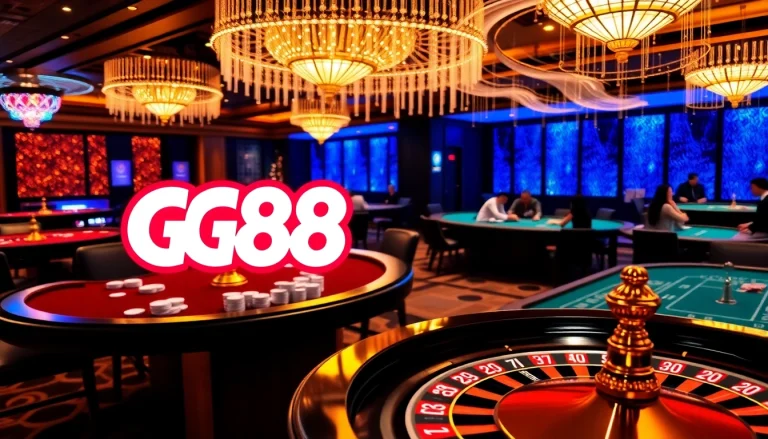 Engaging gamblers at GG88's luxurious casino with vibrant colors and professional gaming tables.