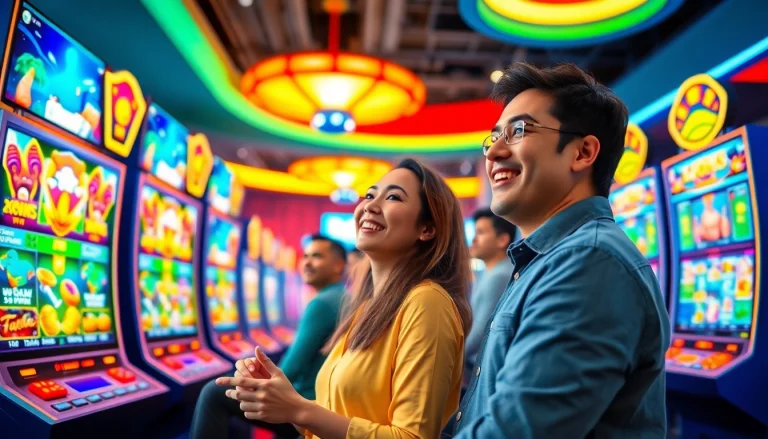 Exciting gaming experience at HOKI138 slot machines with vibrant colors and joyful players