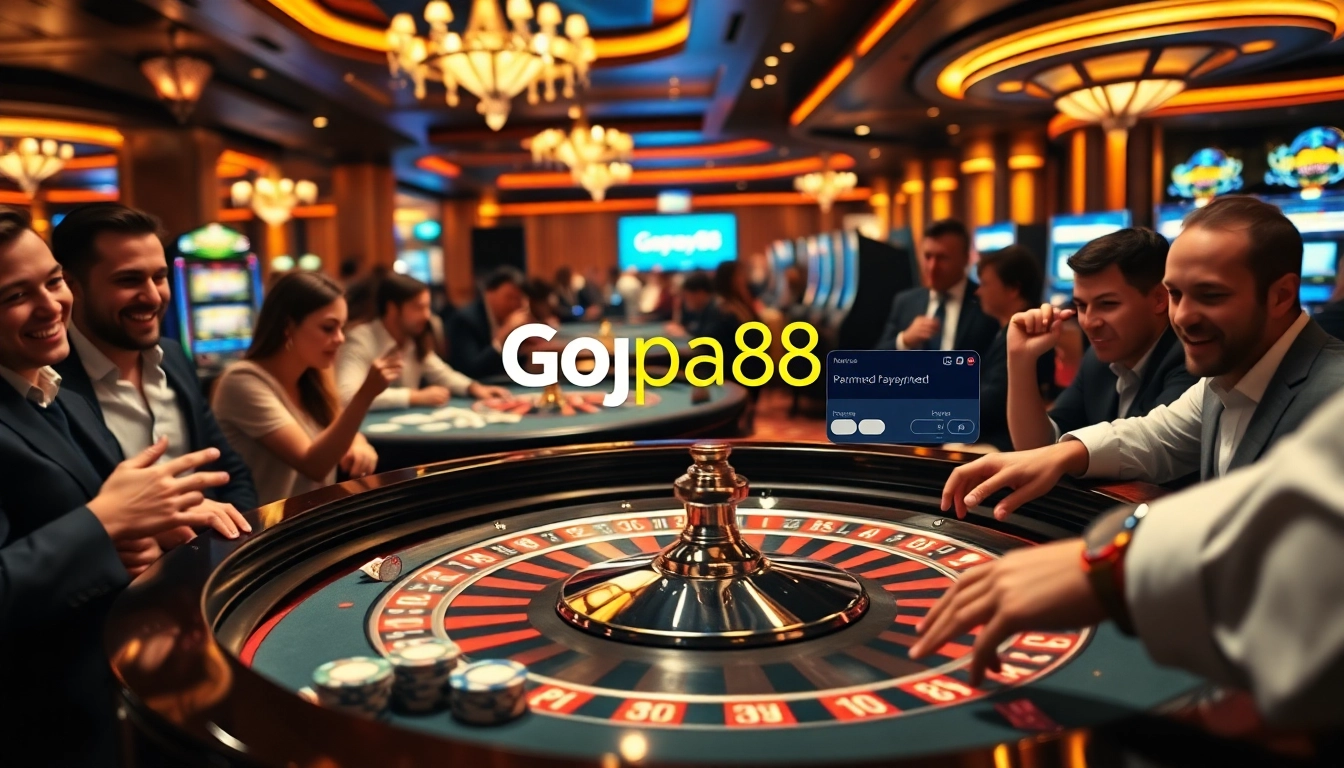 Experience the thrill of Gopay88 at a vibrant casino roulette table bustling with players.