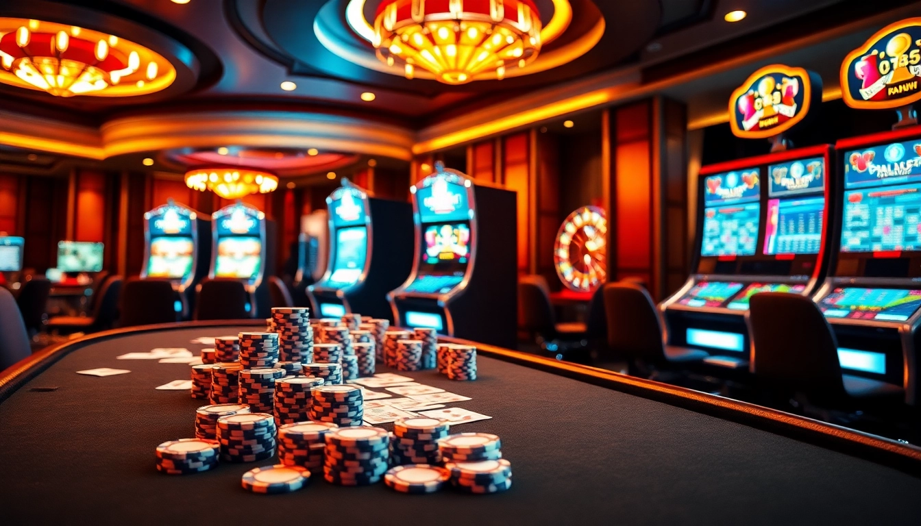 An engaging poker scene at https://rr88c.mobi/, filled with professional players strategizing at a vibrant casino table with colorful chips.