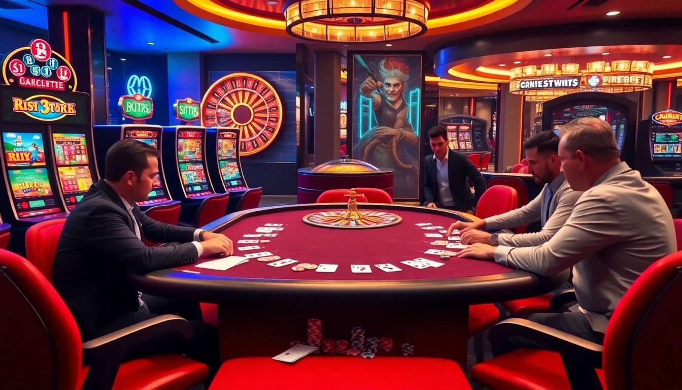 Experience the thrill of Daftar Modal138 with players at a luxurious poker table in an elegant casino.