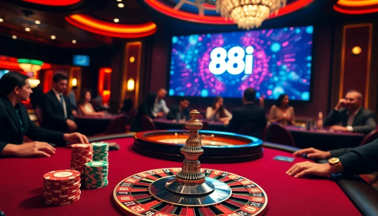 Engaged players at the luxurious 88i casino table, showcasing poker chips and cards in action.