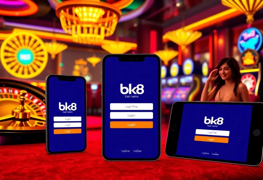 Engaging in a vibrant BK8 login on mobile devices surrounded by classic casino elements.