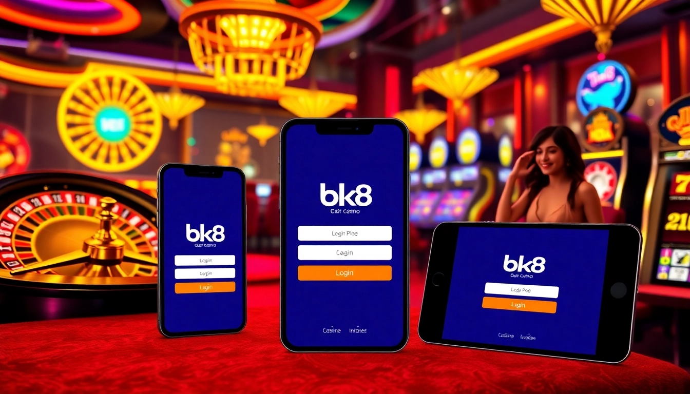 Engaging in a vibrant BK8 login on mobile devices surrounded by classic casino elements.