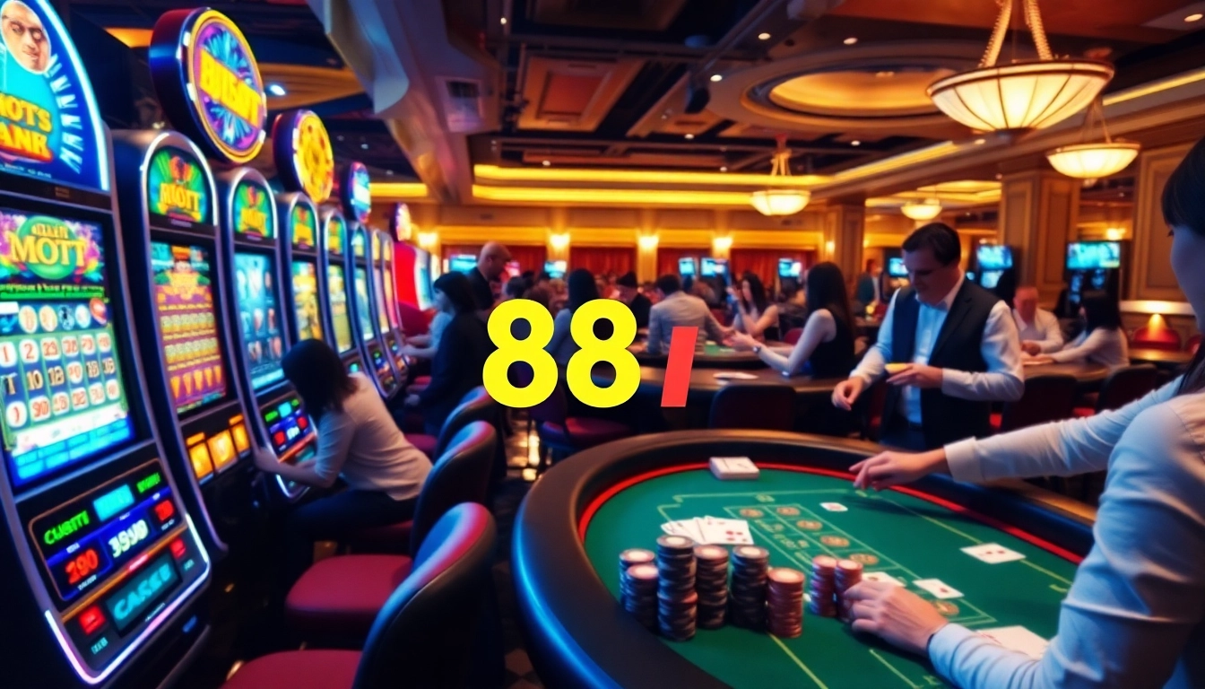 Excited gamblers enjoying a casino scene featuring 88i slot machines and poker action.