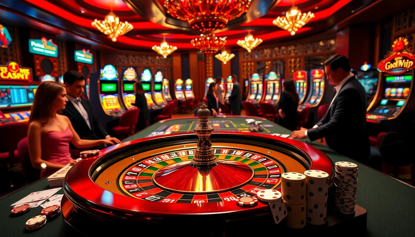 Experience the thrill of 555win at a luxurious casino with vibrant roulette, cards, and slot machines.