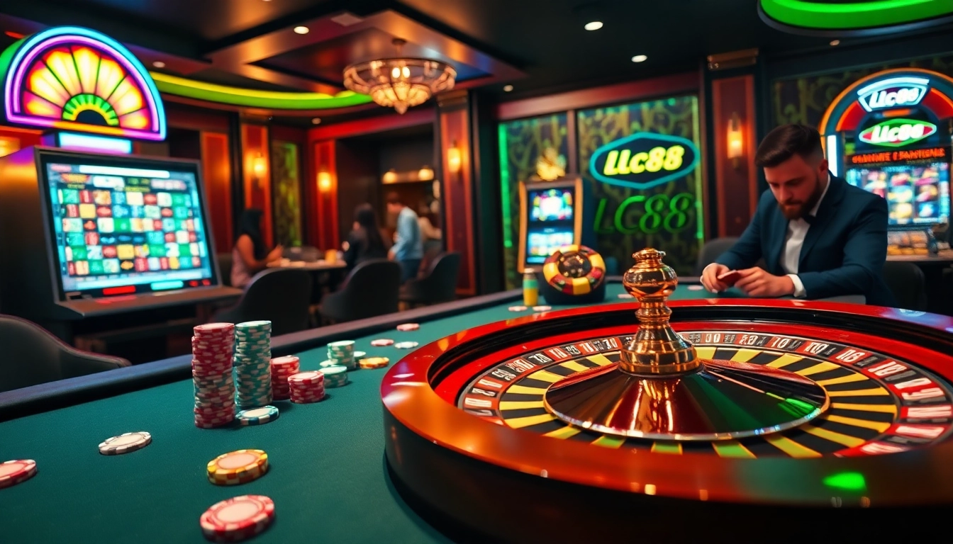 Engaging casino atmosphere showcasing lc88 with vibrant poker chips and roulette.