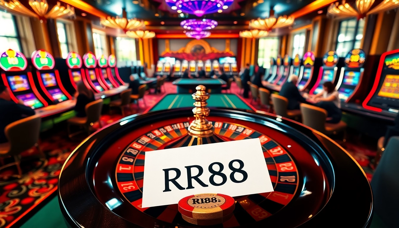 Exciting casino scene featuring luxurious elements and RR88 betting slip on a poker chip.