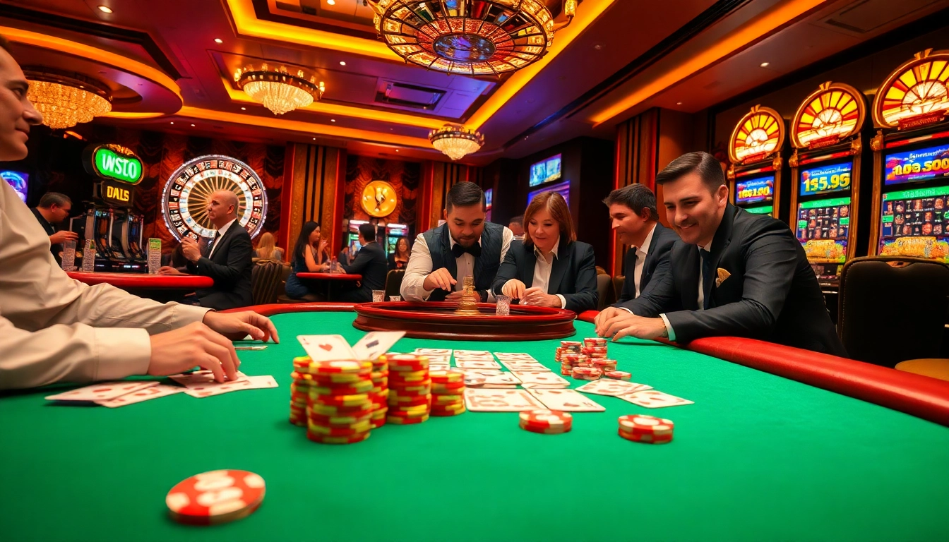 Players engaged in high-stakes gambling at https://urr88.com/, showcasing luxurious poker tables and a colorful roulette wheel.