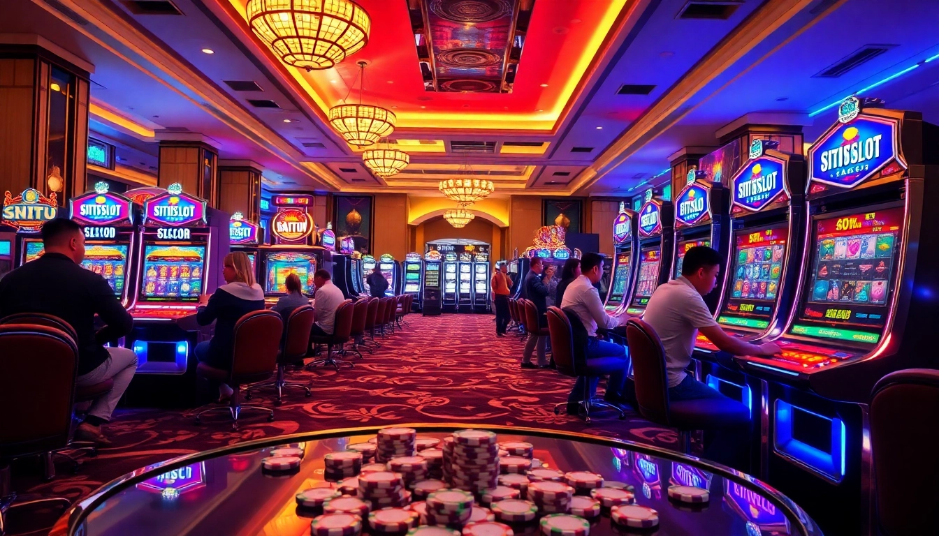 Exciting gaming experience at situs slot gacor with vibrant slot machines and players engaged in action.