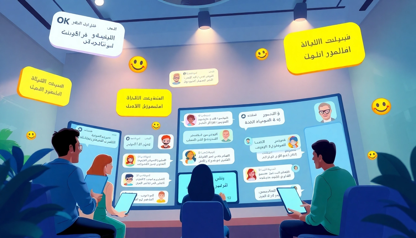 مشهد جذاب لغرفة دردشة رقمية في شات الرياض مع مستخدمين متنوعين وفقاعات دردشة تفاعلية.